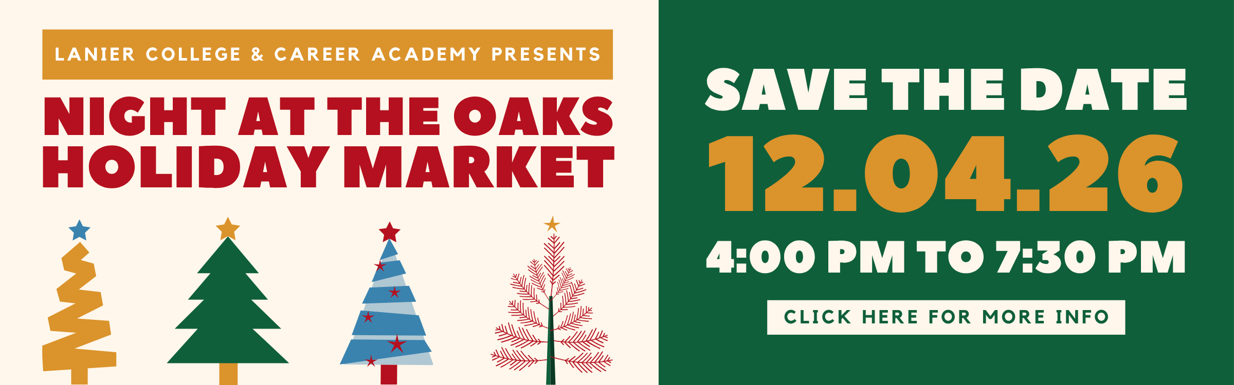 LCCA Presents: Night at the Oaks Holiday Market Save the date. 12.04.26 4:00-7:30PM Click for more info